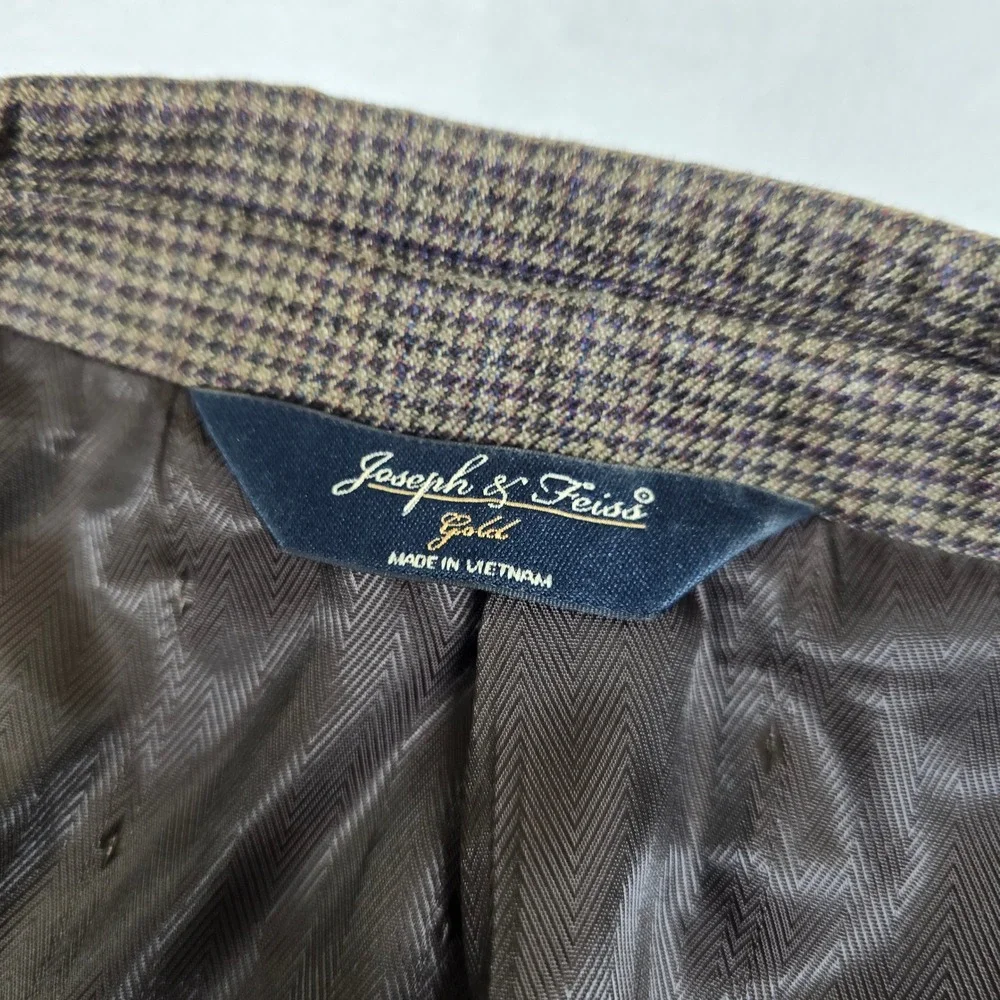 Joseph Feiss Gold Sport Coat Mens 52R 52S Brown Houndstooth Wool Blazer‎
